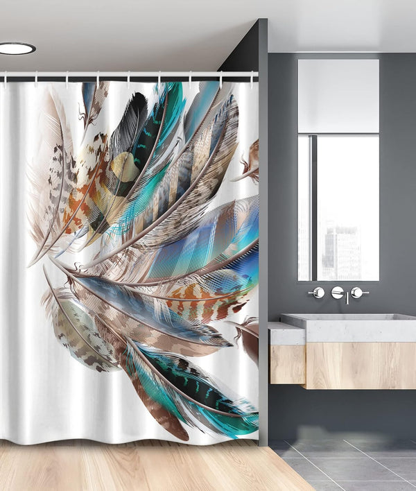 Ambesonne Feathers Stall Shower Curtain, Bird Feathers Print, Fabric Bathroom Decor Set, 54" X 78", Teal Brown