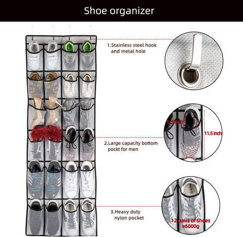 Over The Door Shoe Organizer with 24 Mesh Large Pockets, Hanging Shoe Rack for Men Women Kids, 58x21 Inch