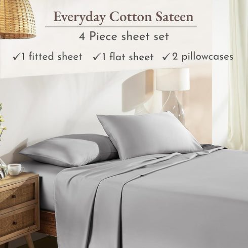 California Design Den 100% Cotton Queen Size Bed Sheets, Deep Pocket, Sateen Weave, Cooling Sheets (Light Grey)
