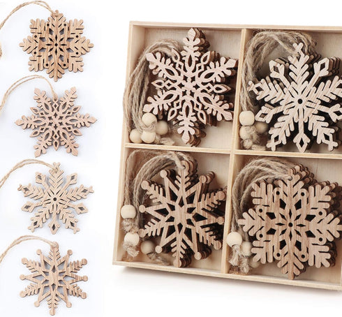 ilauke 20 pcs Unfinished Christmas Wood Snowflake Ornaments - 4 Styles Bulk with Twine for Tree Decorations