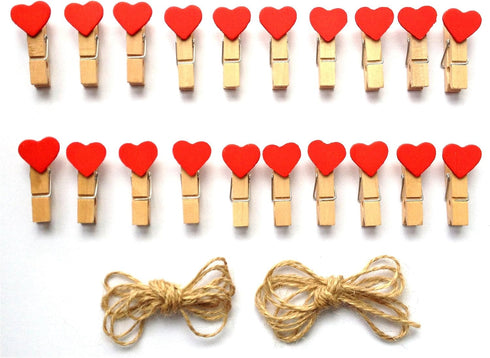 LWR CRAFTS Red Heart Wooden Mini Clothespins, 20 Pieces and Jute Cord, 8ft