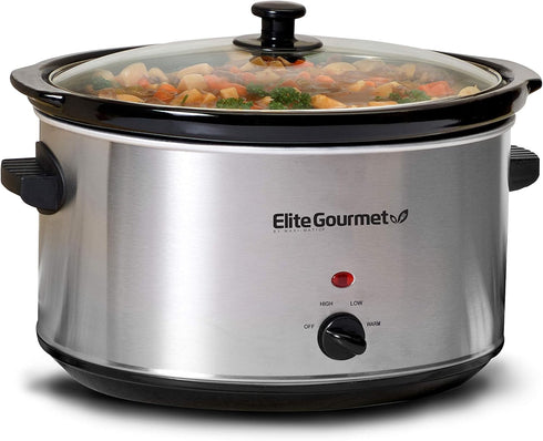 Elite Gourmet Stainless Steel Slow Cooker, 8.5 Quart, Dishwasher-Safe with Tempered Glass Lid
