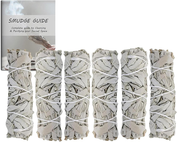 Ancient VEDA 4 Inch White Sage Smudge Sticks Bulk with Starter Guide, 6 Pack, for Cleansing House, Yoga