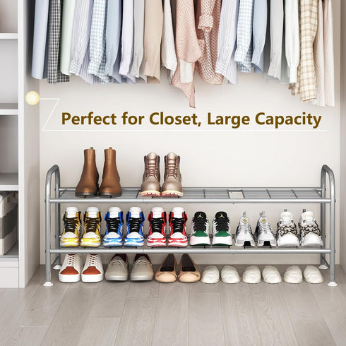 2 Closet LINZINAR Shoe Rack Tier Storage Organizer for Entryway Metal Grey