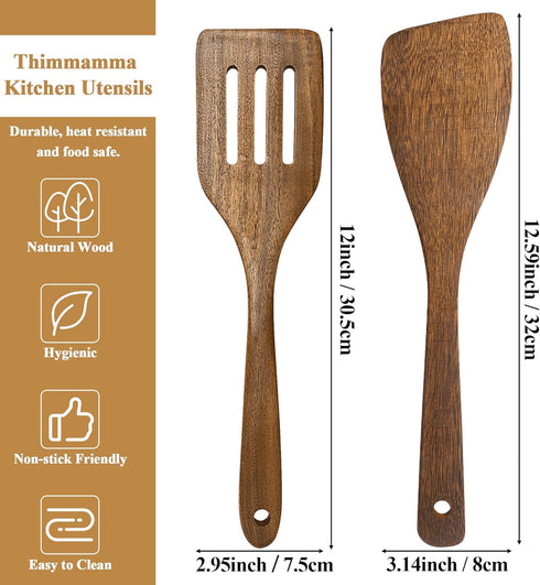 Wooden Spatula for Cooking, 12 Inches Slotted and Angled Solid Turner Utensils for Nonstick Cookware, 2 Pack