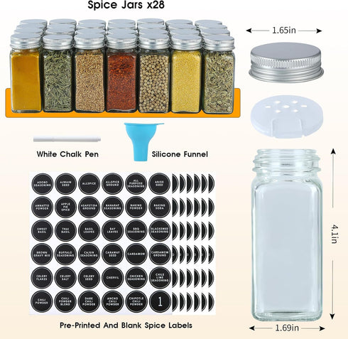 28 Set,Space-Saving Countertop, Skiileor Spice Rack Organizer with Empty Spice Jars,Spice Labels,Chalk pen and Funnel