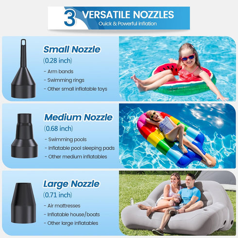 3 Nozzles, Swimming Electric Air Pump for Inflatables, VANNPOOY Portable Air Mattress Pump, Quick Inflate Deflate Plug