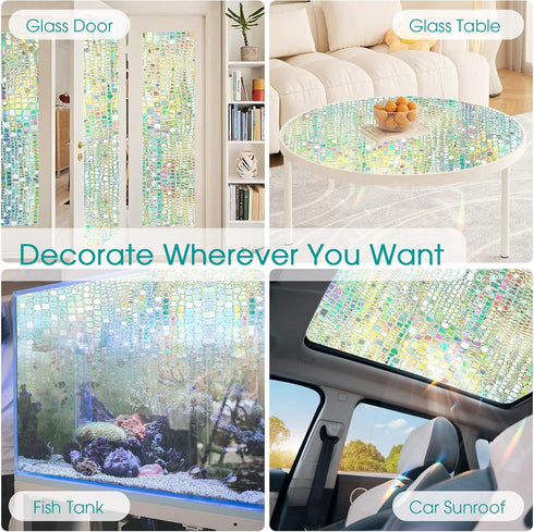 Windimiley Rainbow Window Film Privacy, 3D Stained Glass Clings, Decorative Prism Holographic Static Decals, 17.5x78.7In