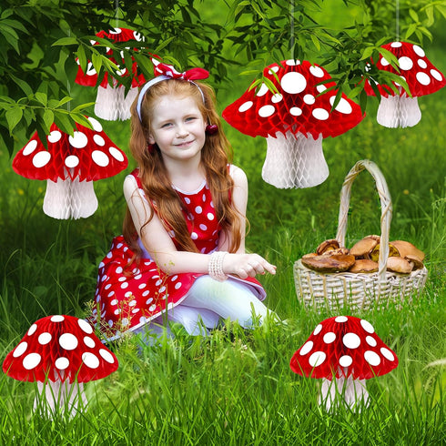 8PCS 3D Mushroom Honeycomb Decor Mushroom Shaped Tissue Paper Pom Decorations for Jungle Wonderland Themed Birthday