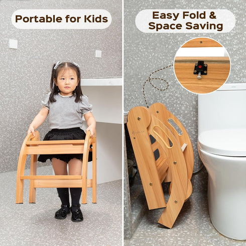 12-Inch StrongTek Kids Step Stool with Handrails, Foldable Safety Stool, Wide Non-Slip Surface, Wooden Step Ladder