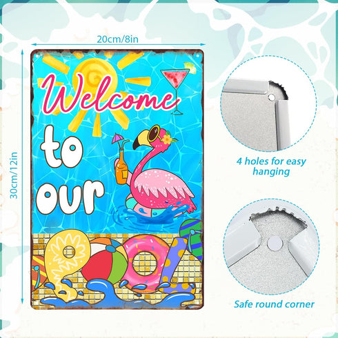 Welcome to Our Pool Tin Sign, Swimming Pool Metal Decor Gifts for Summer Garden, 12x8 Inch (Flamingo Pool)
