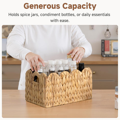 13"L 8"W 7"H StorageWorks Scalloped Water Hyacinth Baskets, Hand-woven Rattan Baskets with Built-in Handles, Cute Baby