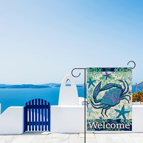 Welcome Summer Coastal Crab Small Decorative Garden Flag, Double Sided 12x18, Tropical Sea Decor
