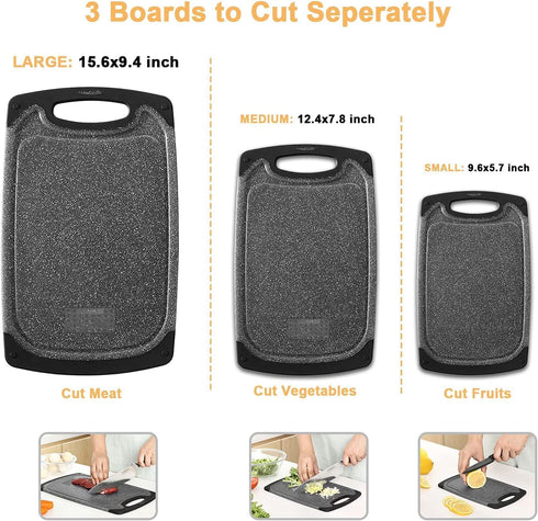 Cutting Boards for Kitchen, Plastic Chopping Board Set of 3 with Non-Slip Feet, Easy Grip Handle, BPA Free