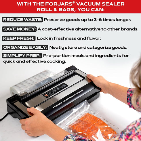 ForJars Vacuum Sealer Bags for Food Storage, 100 Count Pre-Cut Size Bags for Sous Vide Cooking, 8x12