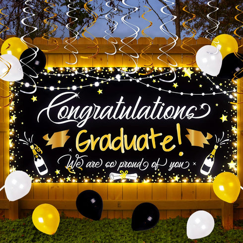 90shine Graduation Decorations - Class of 2025 Lighted Congrats Grad Banner, 25PCS Black Party Supplies