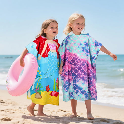 2-7 24 52-inch, 100% Tirrinia Mermaid Poncho Towels for Kids, Surf Beach Bath Swim Hooded Towels for Years Girls