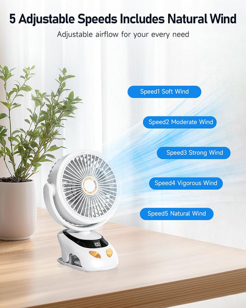 PILSAMAS 10000mAh 40H, 5-Speed (160H 90V) Clip on Fan Rechargeable with LED Light, Battery & Digital Display, Quiet