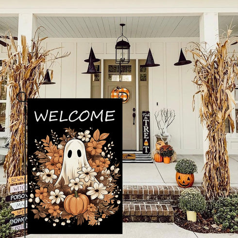 Welcome Fall Garden Flag Ghost Pumpkin 12×18 Inch Double Sided Burlap Flag for Outdoor Halloween Decor