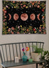 Rexful Moonlit Garden Tapestry - Moon Phase Surrounded by Plants and Flowers, Black Wall Hanging Blanket 44×60 inch