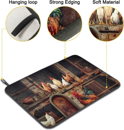 Dish Drying Mat for Kitchen Counter, 24 x 18 In Absorbent Microfiber Roosters Hens Chickens Farm Dish Drainer Mats