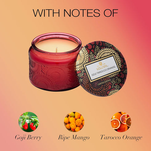 Voluspa Goji Tarocco Orange Petite Candle Jar, 3.2 oz, 25 Hour Burn Time, Handcrafted in the USA