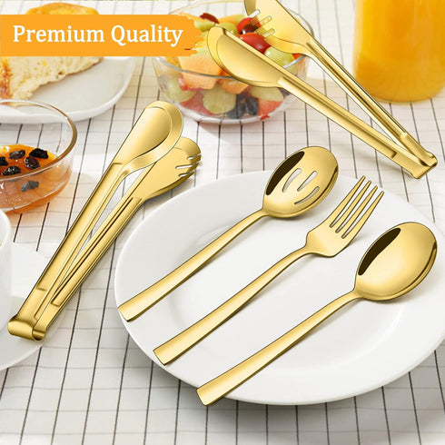 LIANYU Gold Serving Utensils Set of 8, Stainless Steel Serving Spoons, Slotted Spoons, Serving Forks, Metal Tongs for