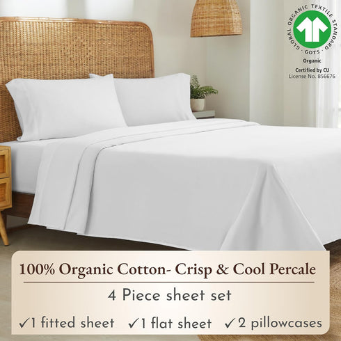 California Design Den Percale Full Size Sheet Sets, Deep Pocket 100% Organic Cotton, GOTS Certified, White Sheets