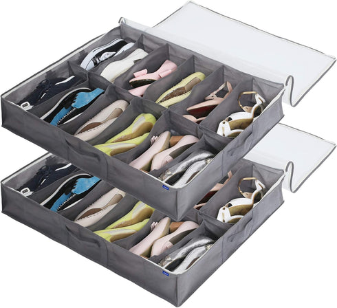 Surblue Under Bed Shoe Storage Organizer, Fits 24 Pairs of Shoes, Set of 2, Grey with Clear Cover