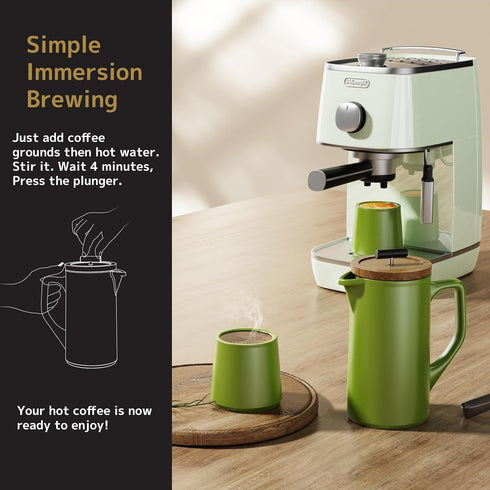 22oz DHPO Ceramic French Press Coffee Maker, Single Serve Coffee Press with Walnut Wood Lid, Lead-Free, Food Grade