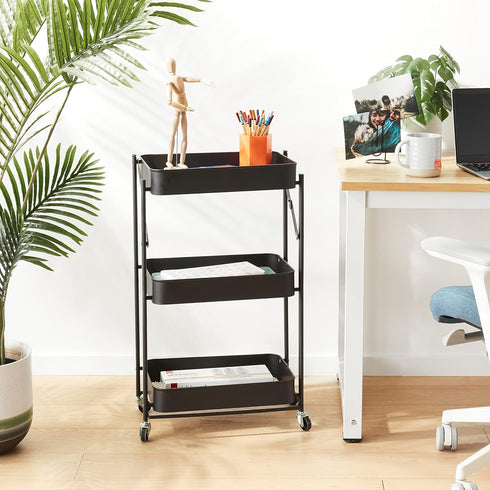 Urban Lifestyle WK640925 3 Tier Foldable Metal Rolling Storage Utility Cart, No Tools Assembly, Black