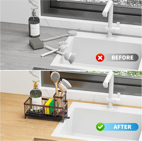 Cisily Kitchen Sink Sponge Holder, Rustproof 304 Stainless Steel Organizer with High Brush Holder (Brown)