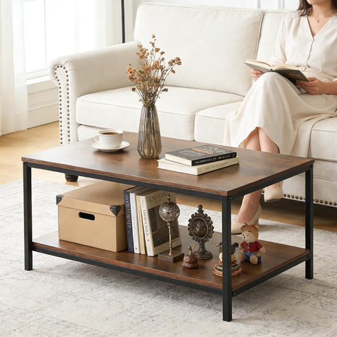 2-Tier SUPER DEAL Industrial Coffee Table with Storage Shelf for Small Apartment Living Room, Rectangle Wood and Stable