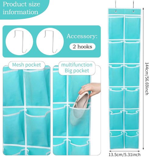 12 GOMAJI Over the Door Hanging Shoe Organizer, Pockets, Turquoise