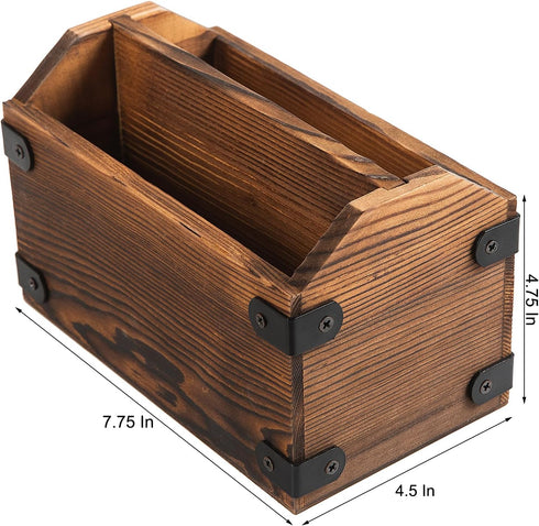 Brown Torched Wood Remote Control Organizer, Two Compartment Holder for TV, Game Consoles, Cell Phone, Kitchen