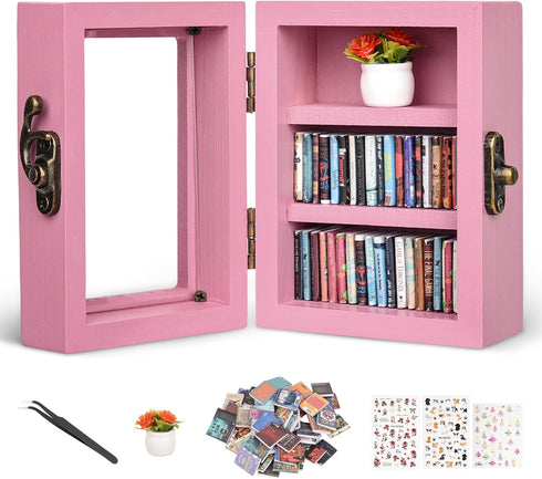 Pawnoc Mini Bookshelf, with 60pcs Mini Books, Plant Flowers, and Tweezers, Anxiety Bookshelf