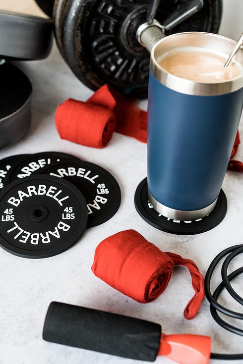 Barbell Bumper Plate Drink Coasters Set of 6, Round Black Silicone Coasters for Drinks, Gym Gifts