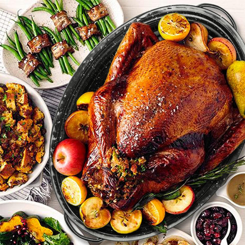Granite Roasting Pan, Medium 16” Enameled Roasting Pan with Domed Lid, Dishwasher Safe for Small Turkey