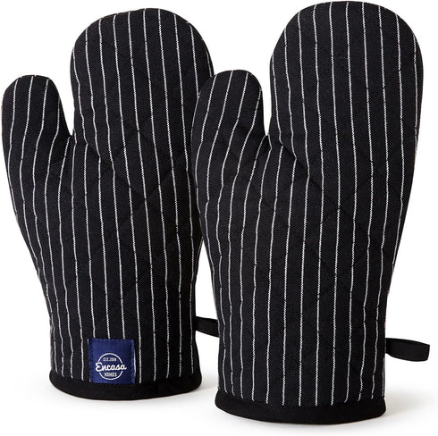 Encasa Homes Long Oven Mitts, 12" Heat Resistant Gloves (2 pc Set) for Kitchen Cooking & Baking - Butcher Stripes Black