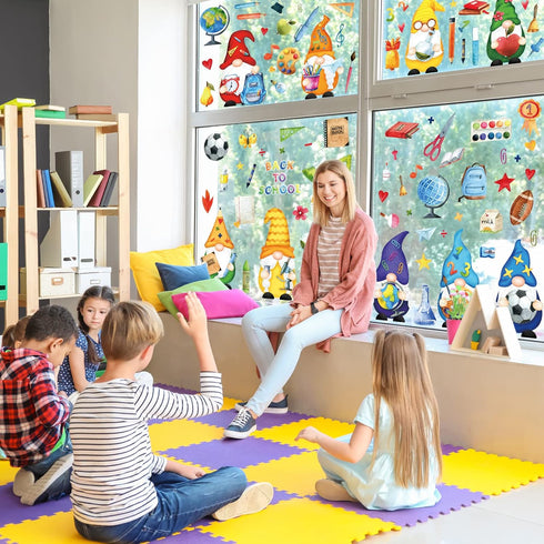 Whaline 9 Sheet Back to School Window Clings, Gnome Pencil Book Globe Decals for Classroom Glass Mirror Decoration