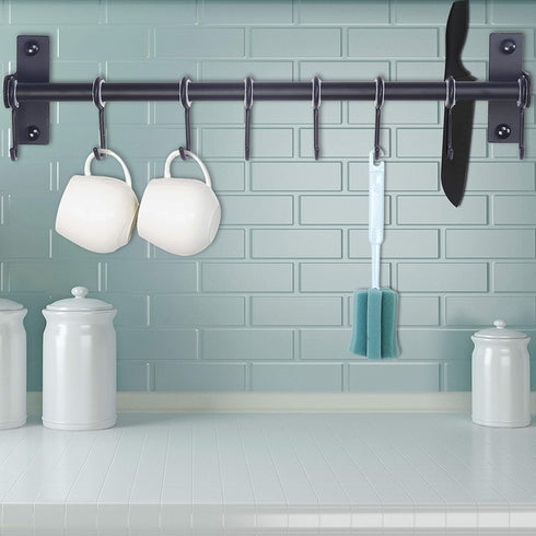 Dseap Pot Rack - Pots and Pans Hanging Rack Rail with 8 Hooks, Wall Mounted Kitchen Pot Hangers, Black