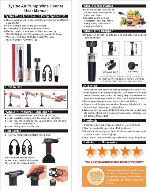 Air Pressure Pump Bottle Opener with Foil Cutter, Aerator Pourer, Vacuum Stopper (4PCS), Efficient Corkscrew