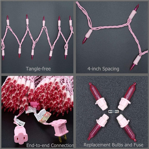 200 Pink LED Christmas Lights with Pink Wire, Pack of 2 Sets, 33 ft 100 Count UL Certified String Light