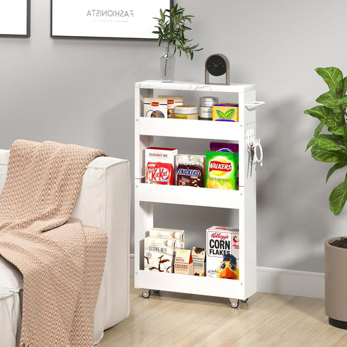 Slim 4-Tier Storage Cart, 5-Inch Width White Rolling Cart with Handle & Wooden Top for Kitchen, Bathroom, Laundry