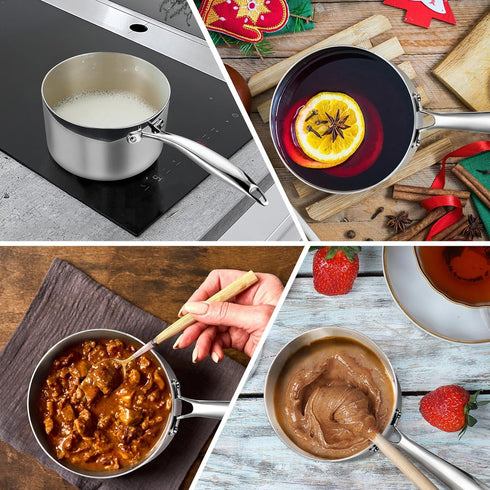 P&P CHEF Small 1 Qt Tri-Ply Stainless Steel Saucepan, Glass Lid, Kitchen Induction Cookware, Dishwasher Safe