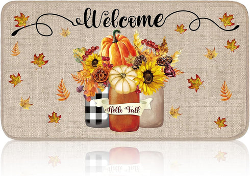 Winter Fall Door Mat | Non Slip Farmhouse Welcome Mats for Outdoor Indoor, Snowflake Pumpkin Floor Door Mat, 27.6x15.7