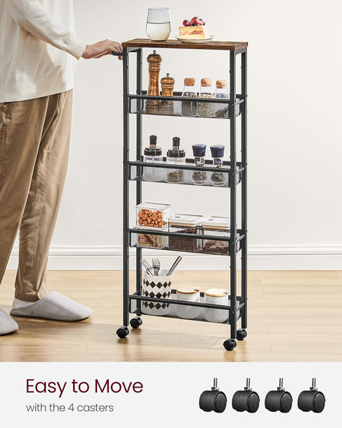 VASAGLE Slim Rolling Cart, 5-Tier Storage Cart with Handle, 5.1 Inches Deep Metal Frame for Kitchen, Dining Room, Home