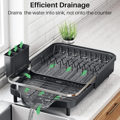 Dish Drying Rack - Expandable Stainless Steel Dish Rack with Drainboard Set and Utensil Holder, Black