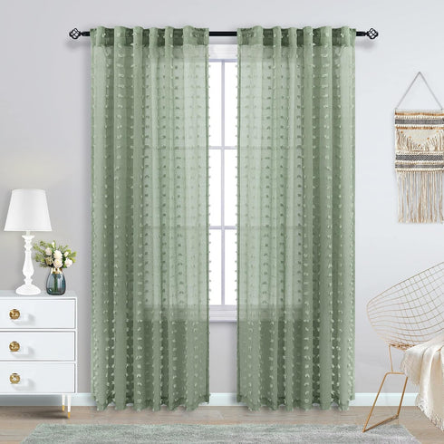 2 84 Inches Pocket,52x84 KOUFALL Panels Boho Curtains Long for Living Room Bedroom Sage Green Decor Pom Pom Design