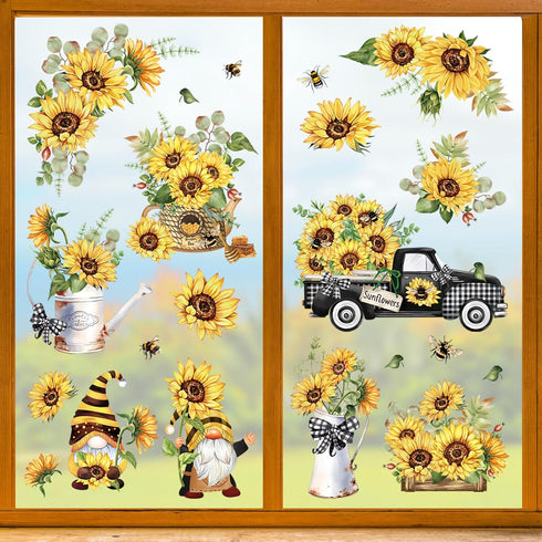 decalmile Sunflower Double Sided Window Clings Summer Flowers Gnomes Window Decals Anti-Collision Glass Window Doors Window Stickers
